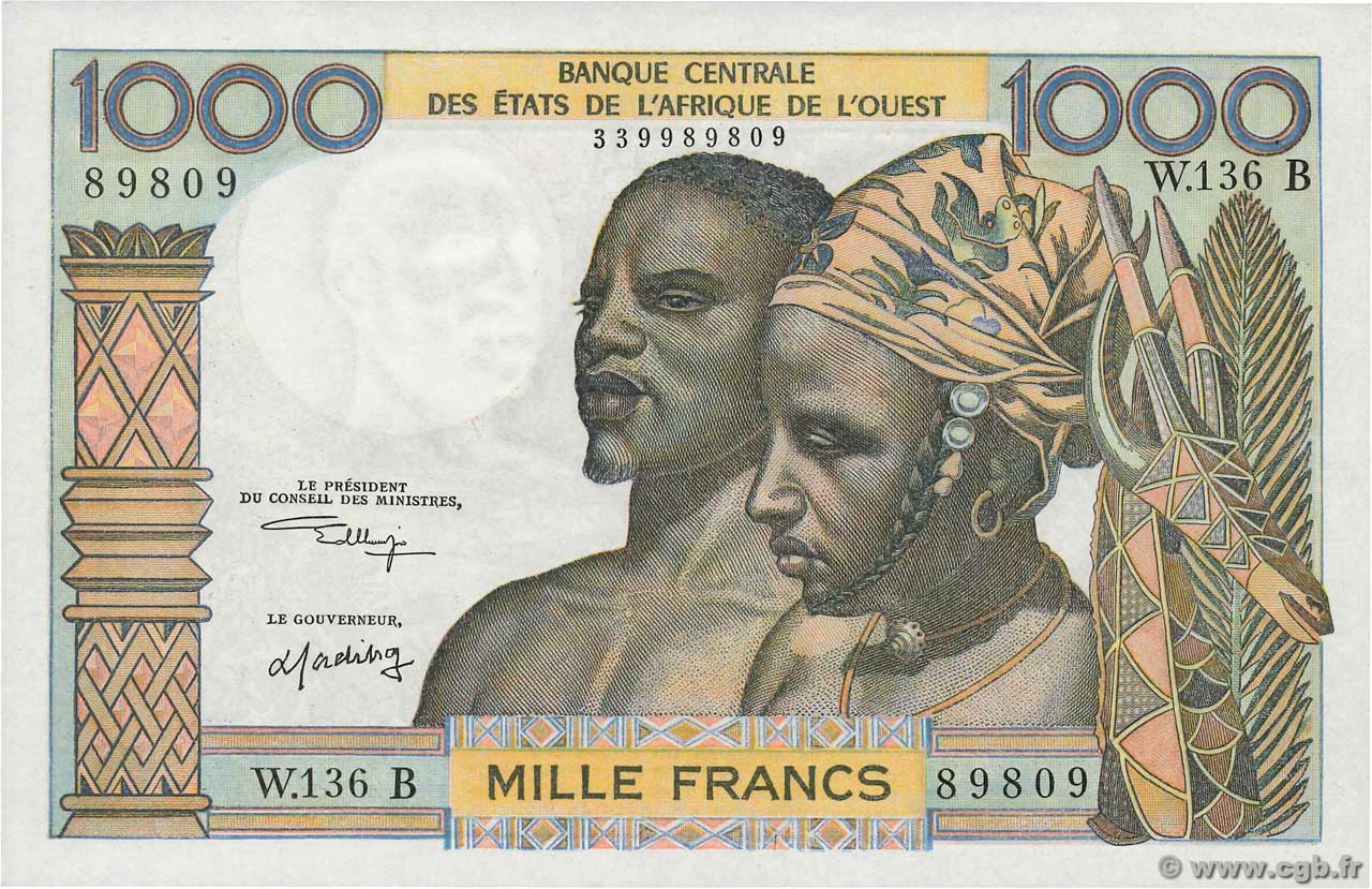 1000 Francs WEST AFRICAN STATES  1965 P.203Bl AU