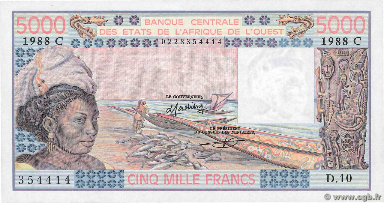 5000 Francs WEST AFRICAN STATES  1985 P.308Cd AU+