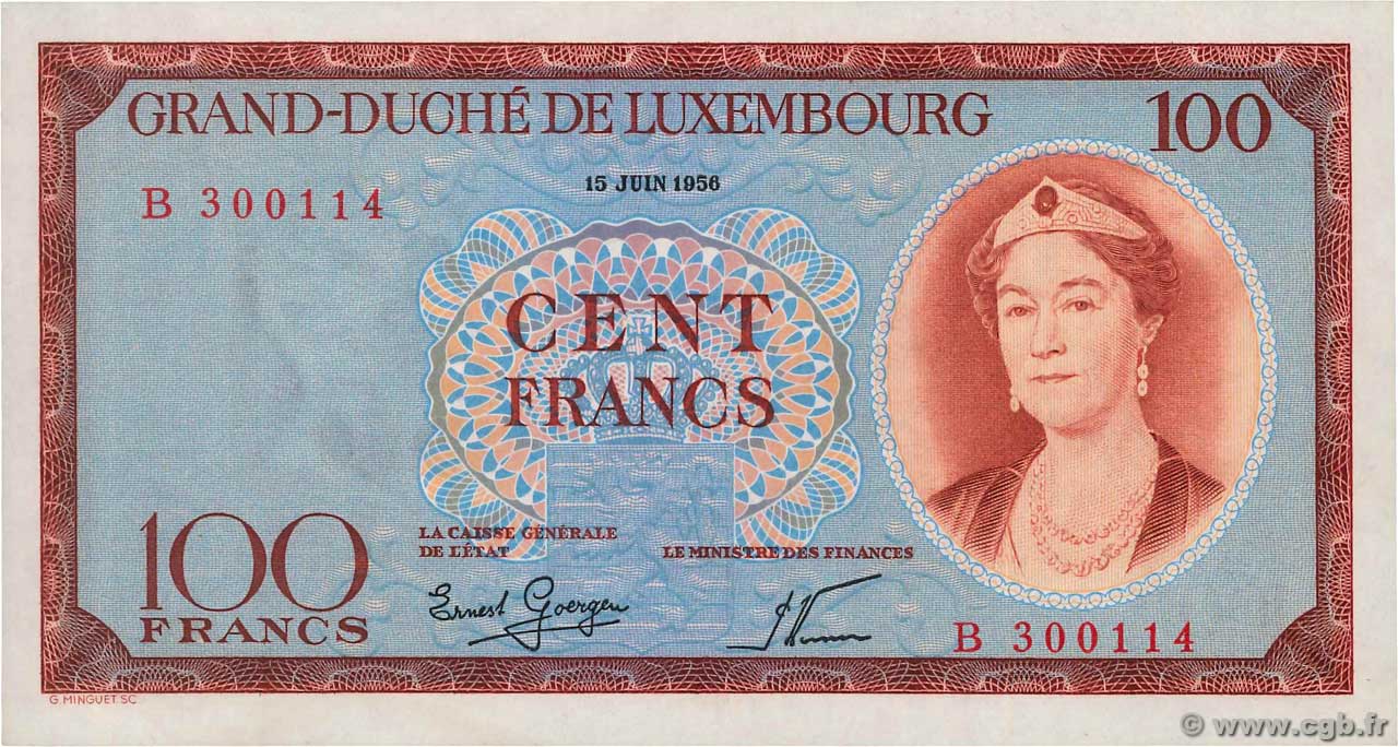 100 Francs LUSSEMBURGO  1956 P.50a AU+