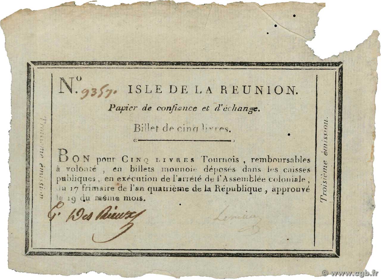 5 Livres REUNION ISLAND  1795 K.563 VF