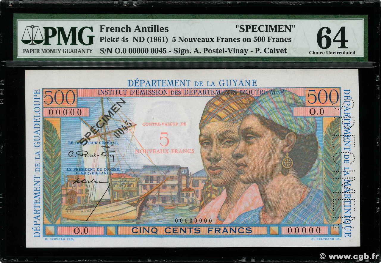 5 Nouveaux Francs sur 500 Francs Pointe à Pitre Spécimen FRENCH ANTILLES  1962 P.04s UNC