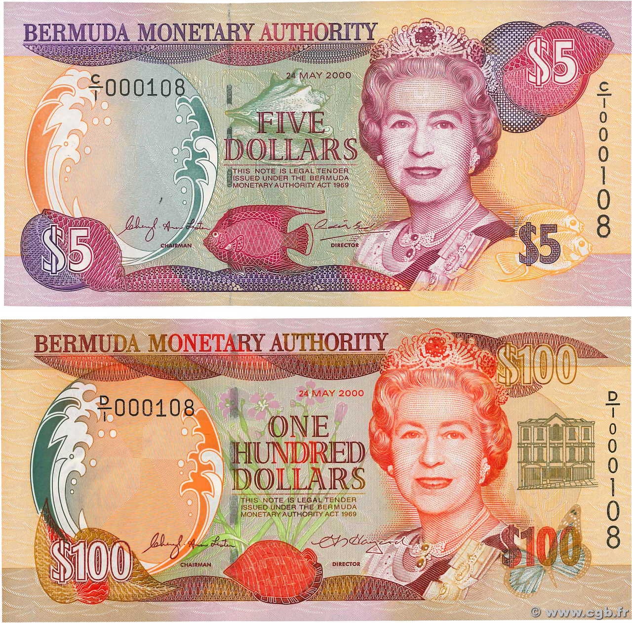 5 et 100 Dollars Petit numéro BERMUDA  2000 P.51a et P.55a UNC
