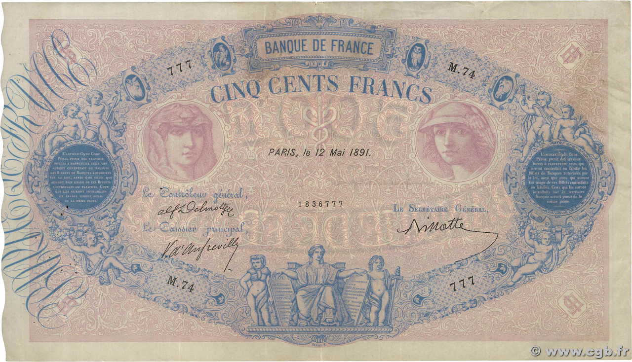 500 Francs BLEU ET ROSE FRANCE  1891 F.30.04 VF-