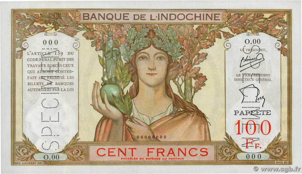 100 Francs Spécimen TAHITI  1956 P.14cs UNC
