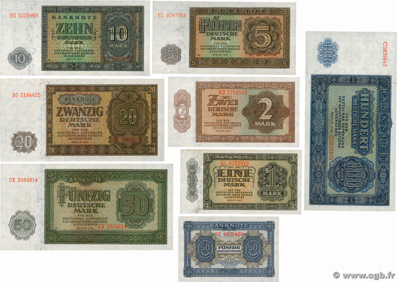 50 Pfenning au 100 Deutsche Mark Lot REPUBBLICA DEMOCRATICA TEDESCA  1948 P.08b au P.15 AU+