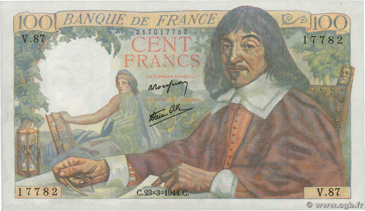 100 Francs DESCARTES FRANKREICH  1944 F.27.05 fST+