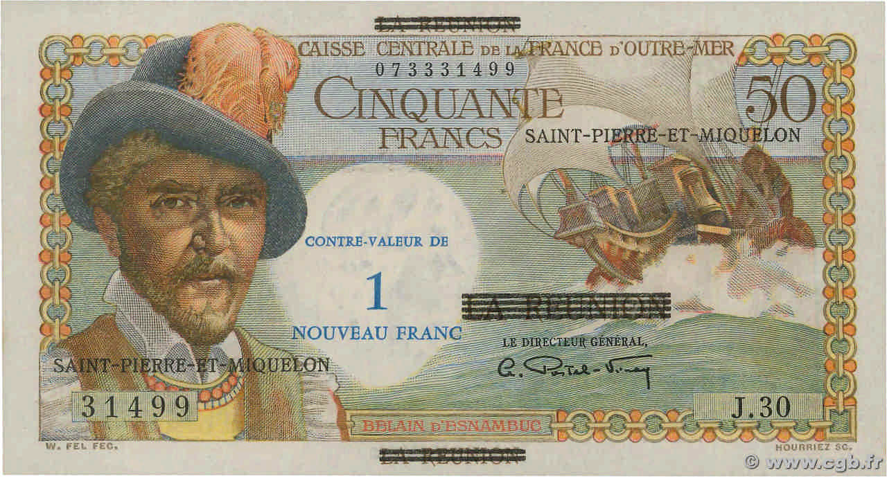 1 NF sur 50 Francs Belain d Esnambuc SAINT PIERRE E MIQUELON  1960 P.30b AU