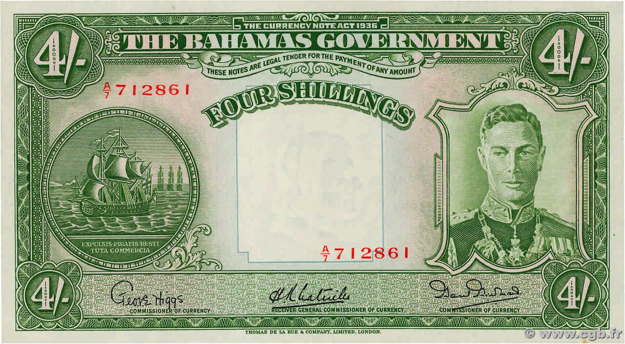4 Shillings BAHAMAS  1936 P.09e AU+