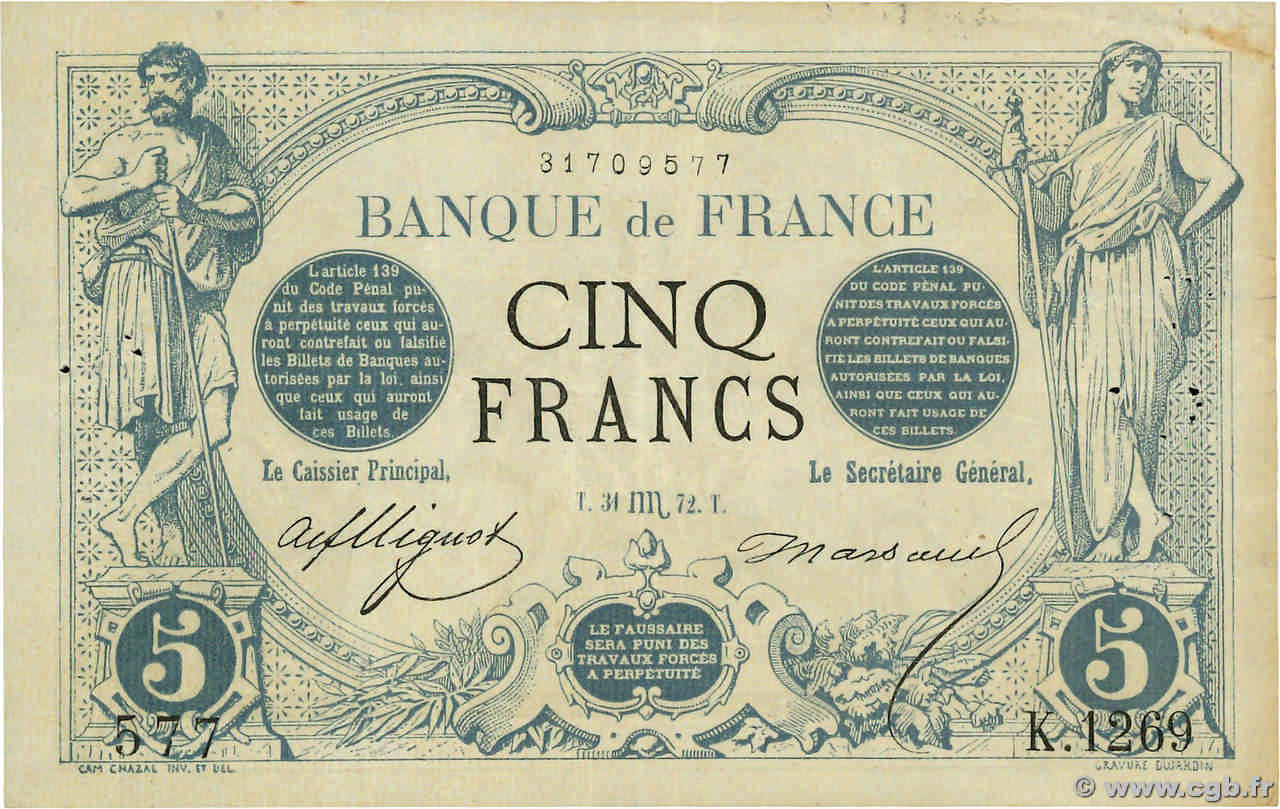 5 Francs NOIR FRANCE  1872 F.01.11 VF-