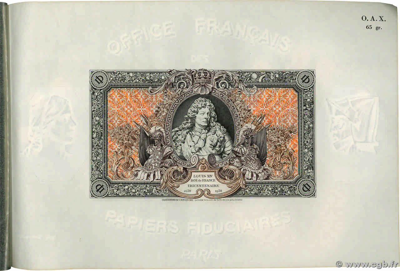 (1000) Francs LOUIS XIV Épreuve FRANCE Regionalismus und verschiedenen  1938 F.- fST+