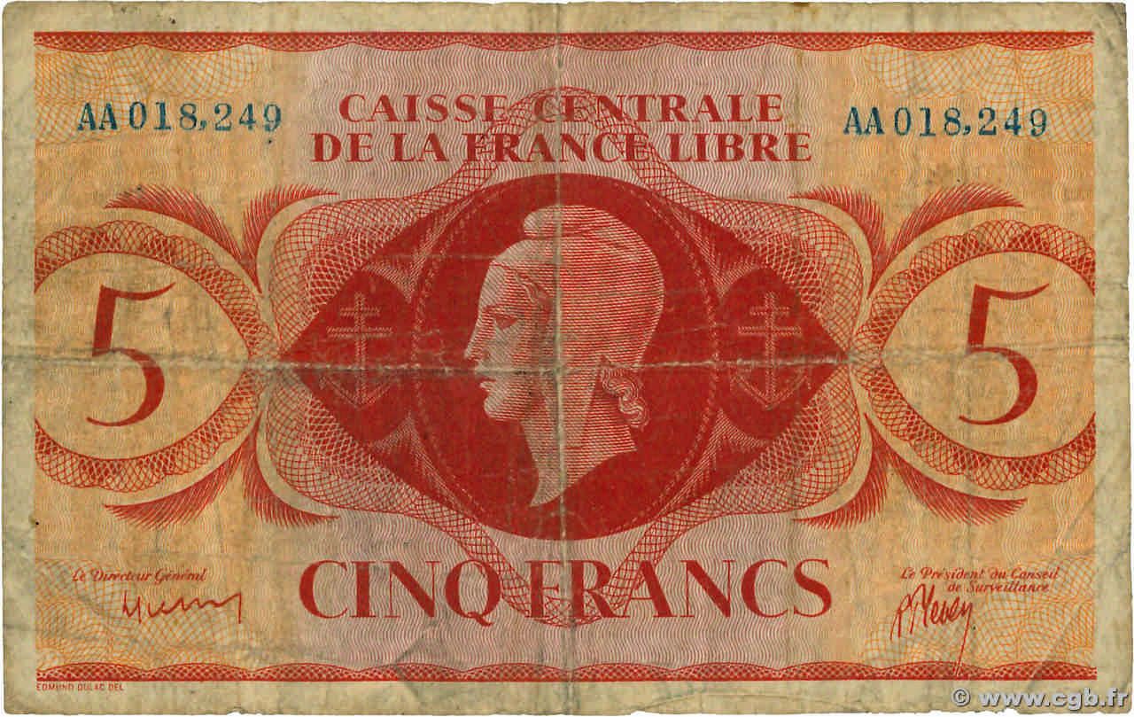 5 Francs SAINT PIERRE ET MIQUELON  1943 P.10 pr.TB