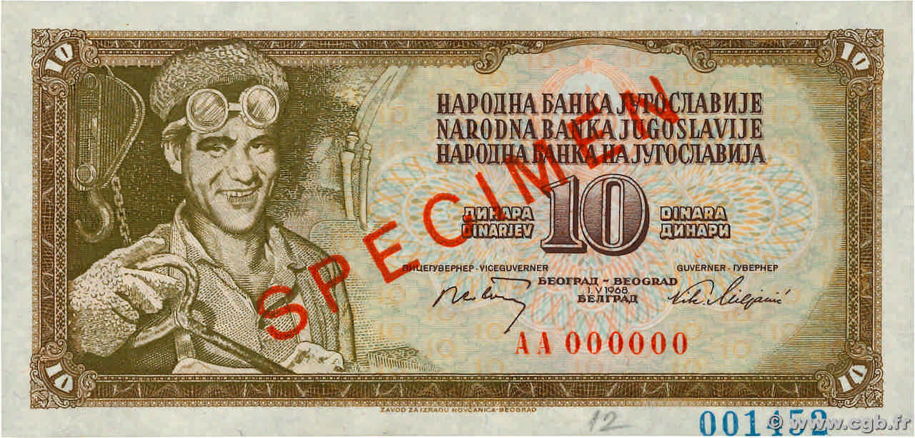 10 Dinara Spécimen YOUGOSLAVIE  1968 P.082s SPL