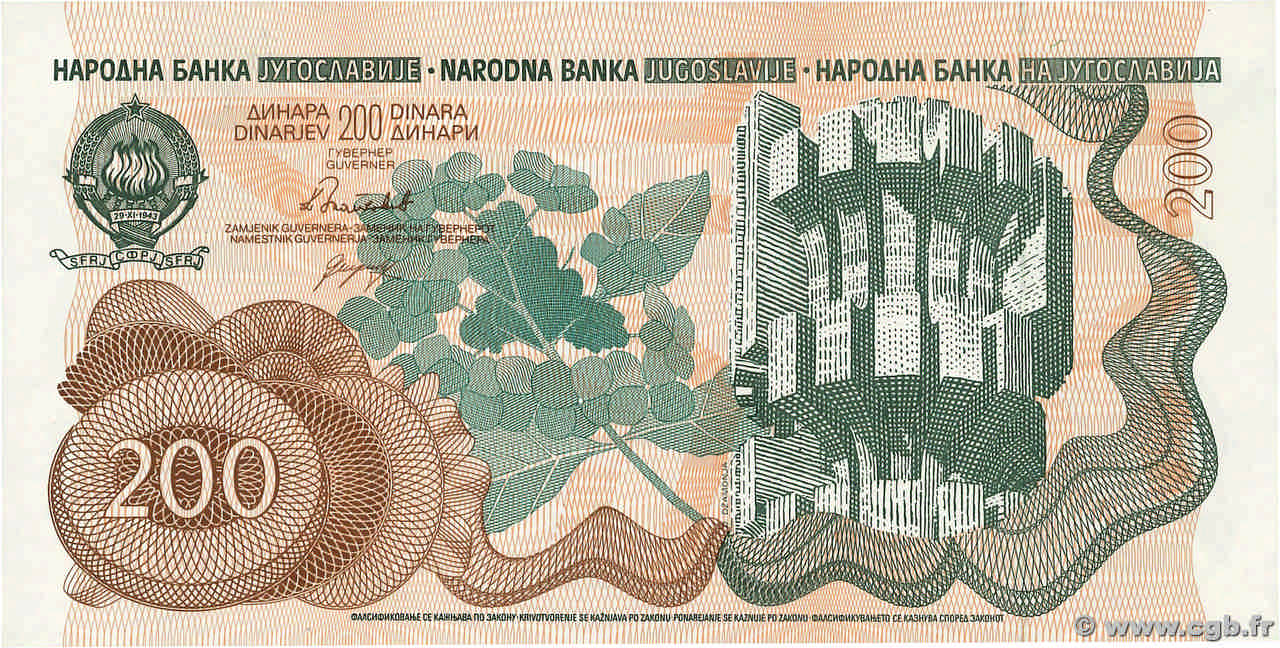 200 Dinara Spécimen YUGOSLAVIA  1990 P.102s UNC-