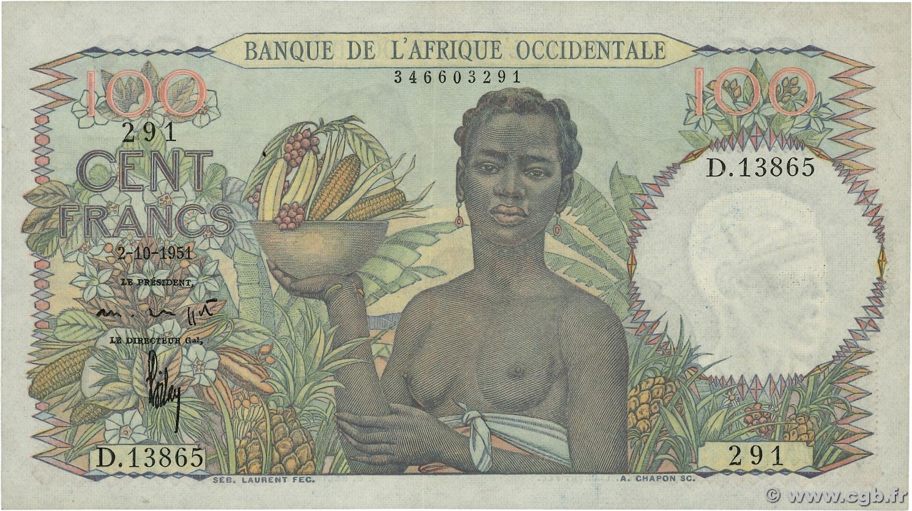 100 Francs FRENCH WEST AFRICA  1951 P.40 EBC