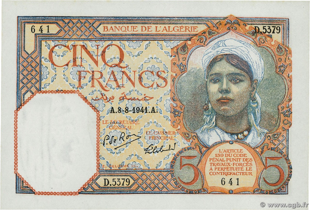 5 Francs ALGERIEN  1941 P.077b ST