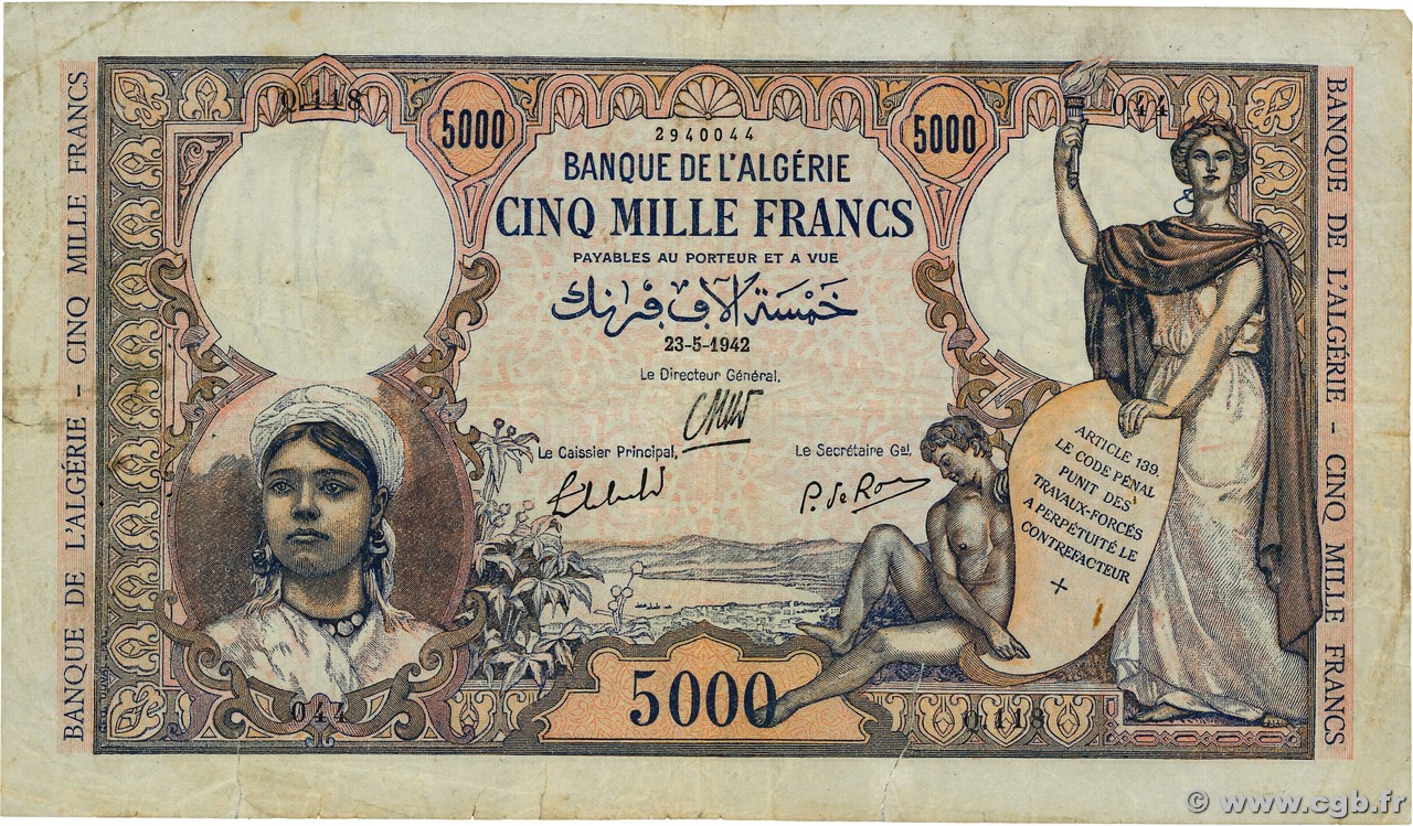 5000 Francs ALGERIA  1942 P.090a F-