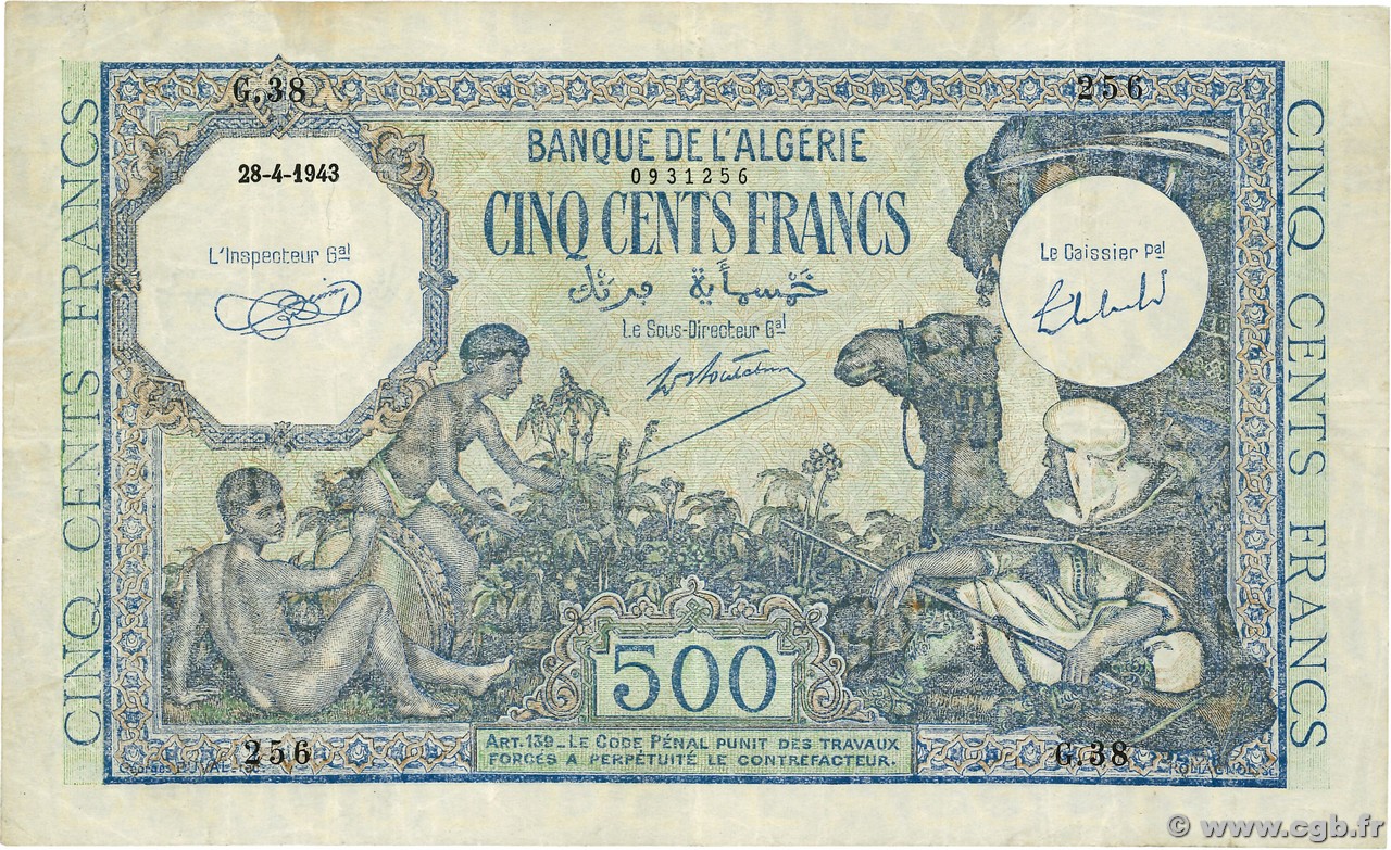 500 Francs ARGELIA  1943 P.093 BC+