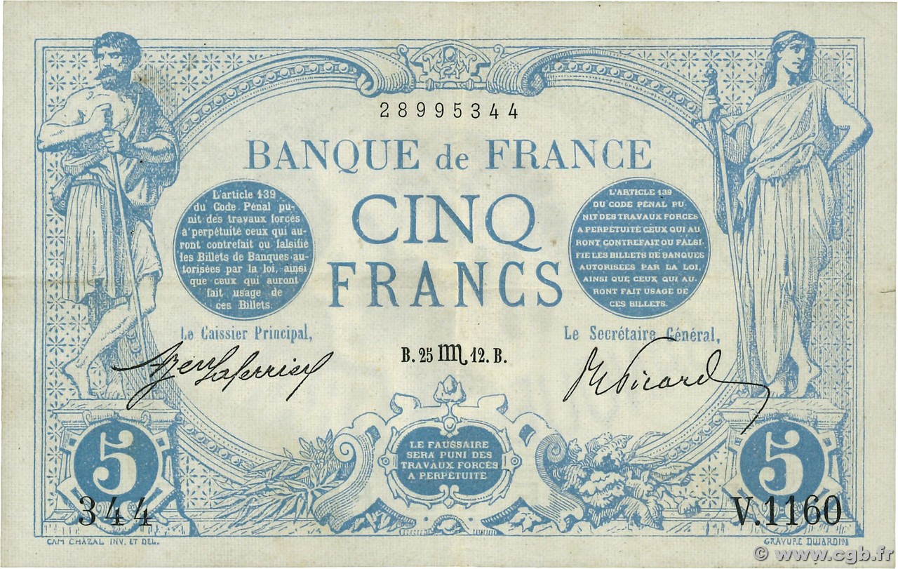 5 Francs BLEU FRANCE  1912 F.02.10 VF-