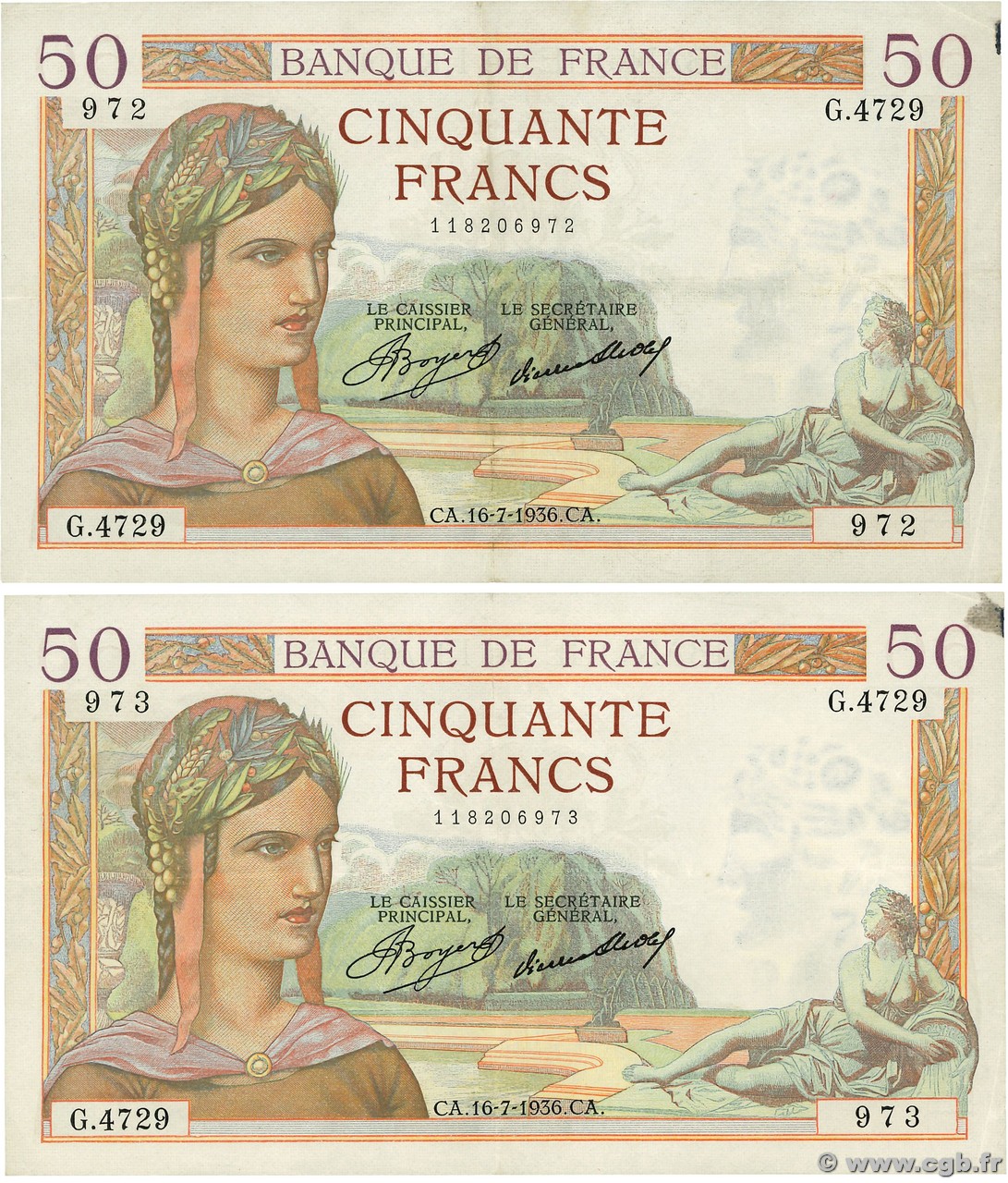 50 Francs CÉRÈS Consécutifs FRANCE  1936 F.17.28 XF-