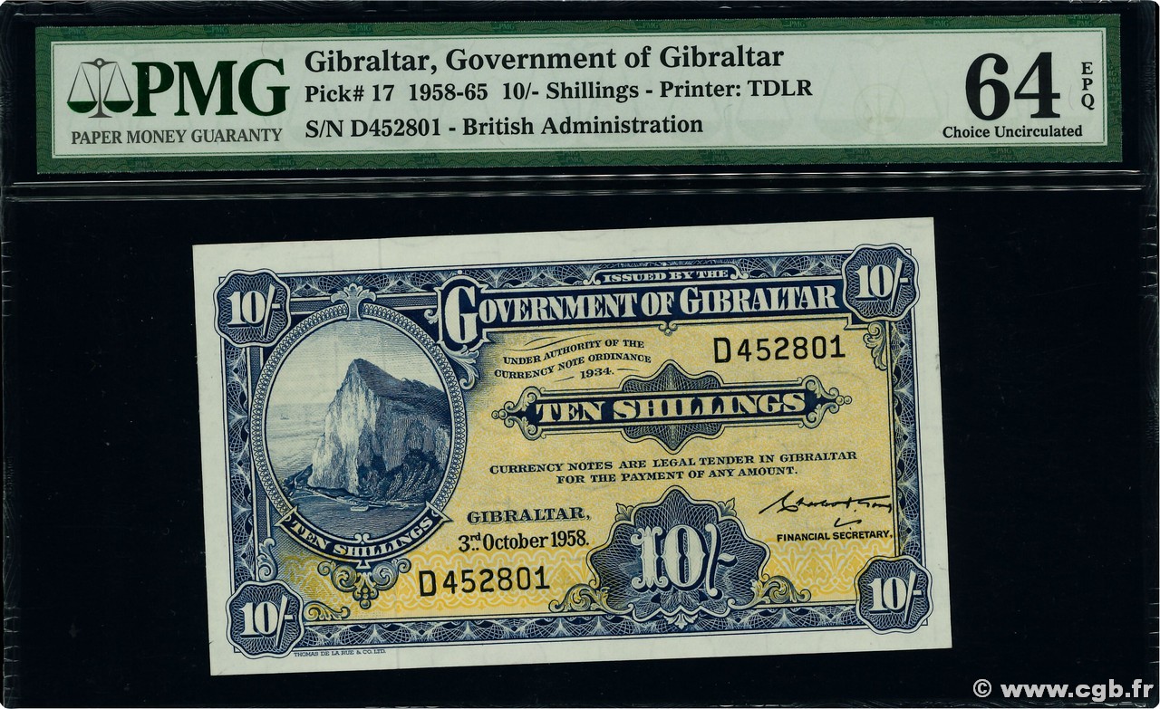 10 Shillings GIBRALTAR  1958 P.17 SC+