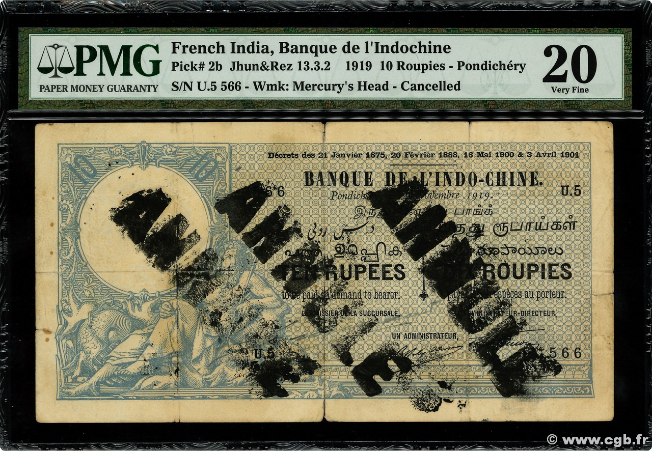 10 Rupees / 10 Roupies Annulé INDIA FRANCESA  1919 P.02b BC