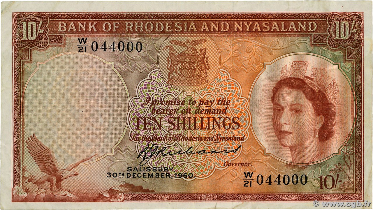 10 Shillings RHODÉSIE ET NYASSALAND  1960 P.20b TB