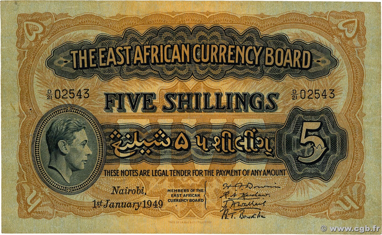 5 Shillings ÁFRICA ORIENTAL BRITÁNICA  1949 P.28b MBC