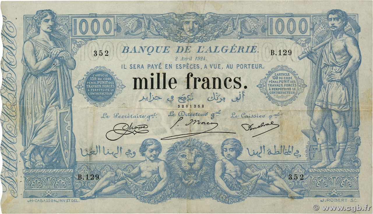 1000 Francs ALGERIA  1924 P.076b VF-
