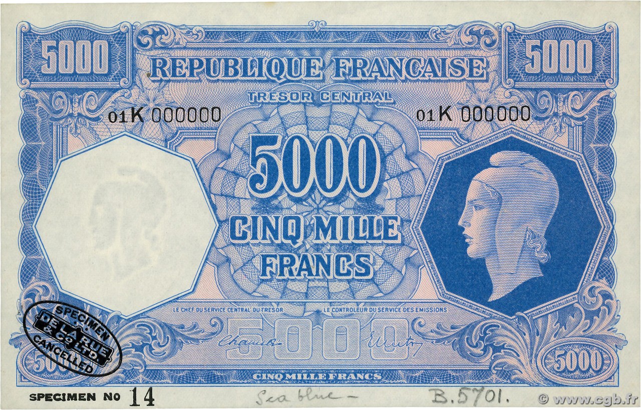 5000 Francs MARIANNE Spécimen FRANCIA  1945 VF.14.00Sn SC+