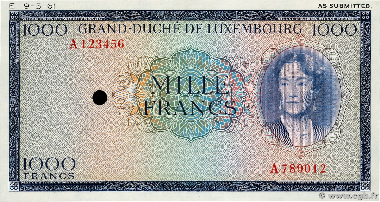 1000 Francs Spécimen LUSSEMBURGO  1963 P.52Be FDC