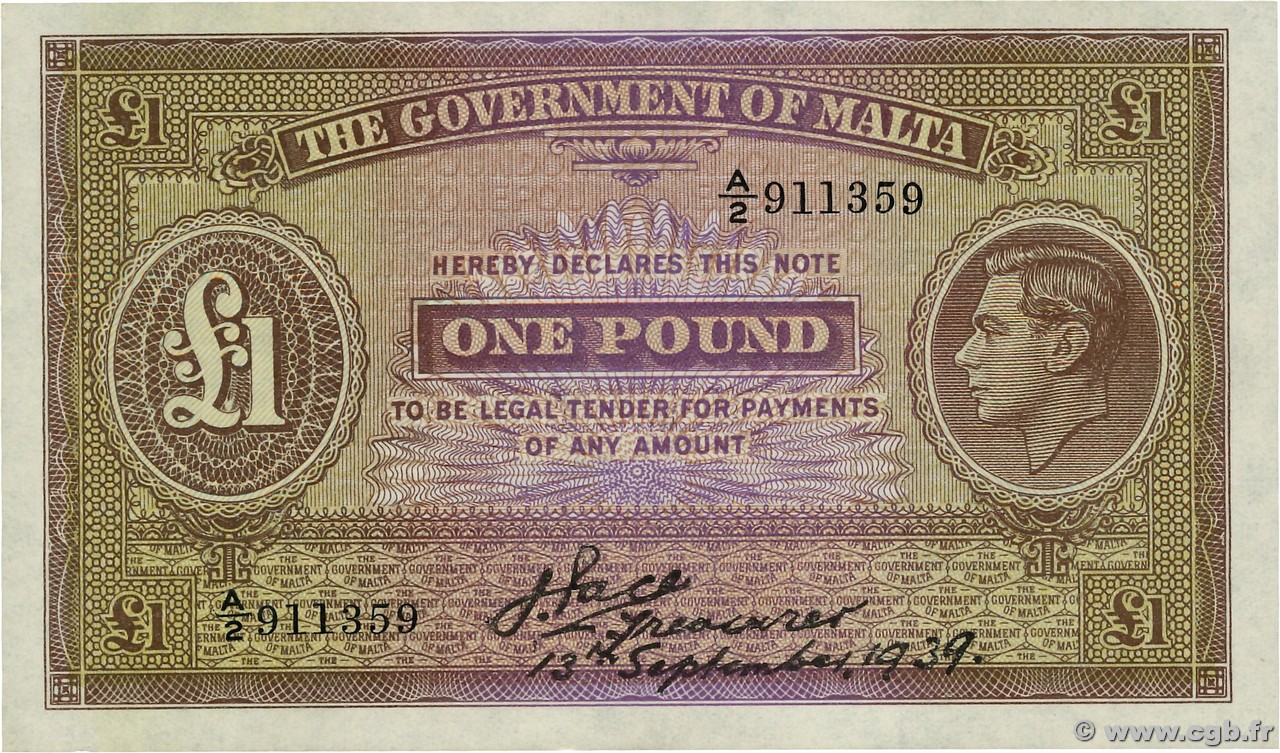 1 Pound MALTE  1939 P.14 ST