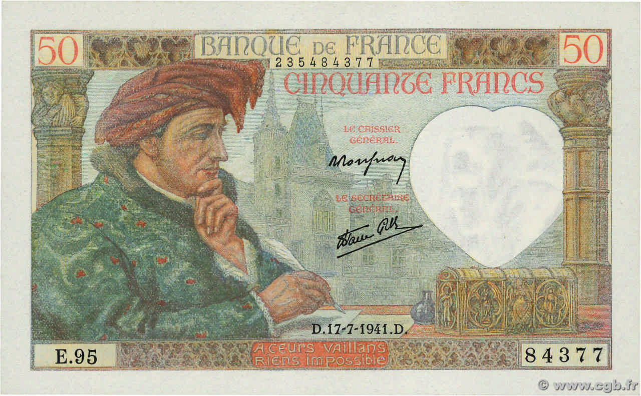 50 Francs JACQUES CŒUR FRANCE  1941 F.19.12 AU