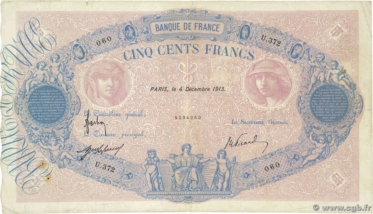 500 Francs BLEU ET ROSE FRANCIA  1913 F.30.21 MB