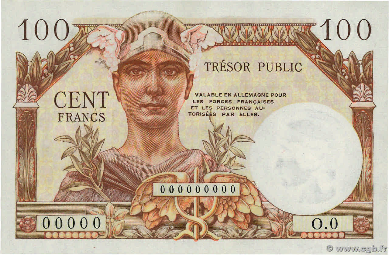 100 Francs TRÉSOR PUBLIC Spécimen FRANCIA  1955 VF.34.00S FDC