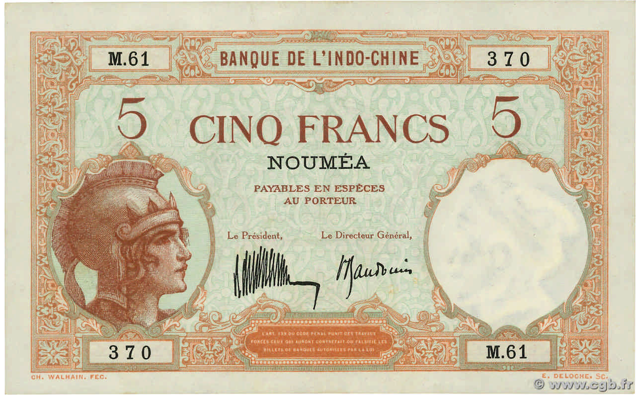 5 Francs NOUVELLE CALÉDONIE  1936 P.36b MBC+