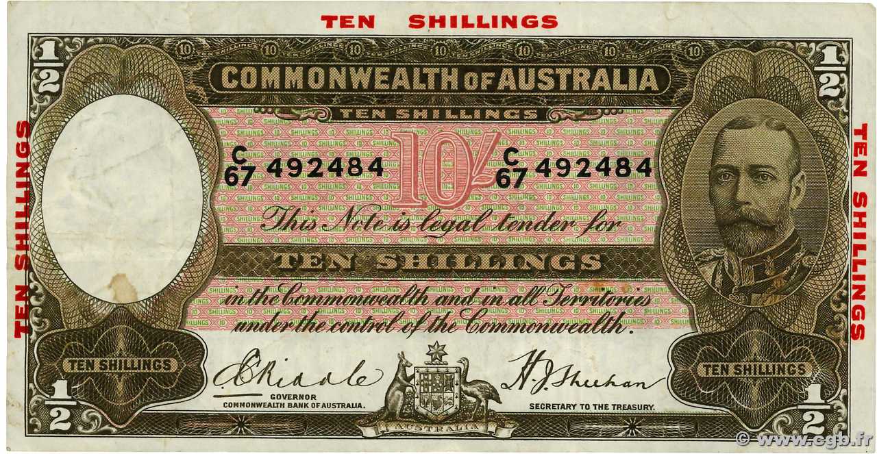 10 Shillings = 1/2 Pound AUSTRALIA  1934 P.20 F+