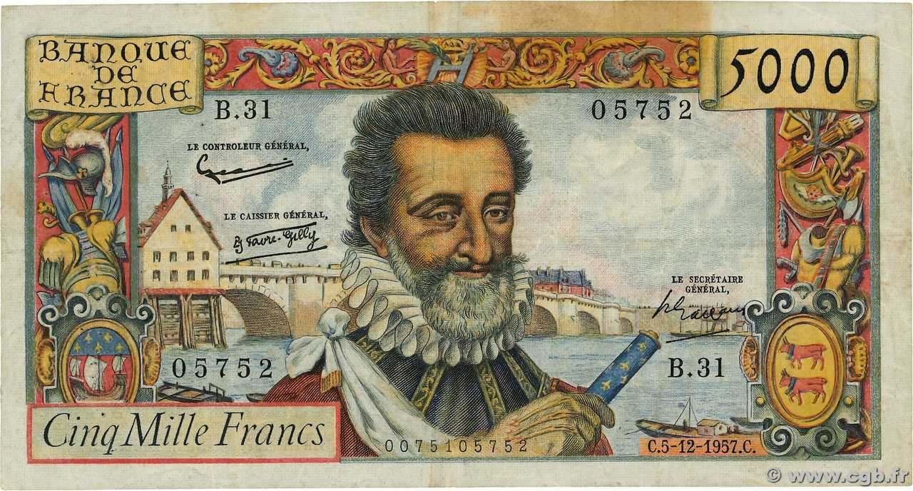 5000 Francs HENRI IV FRANCE  1957 F.49.04 TB