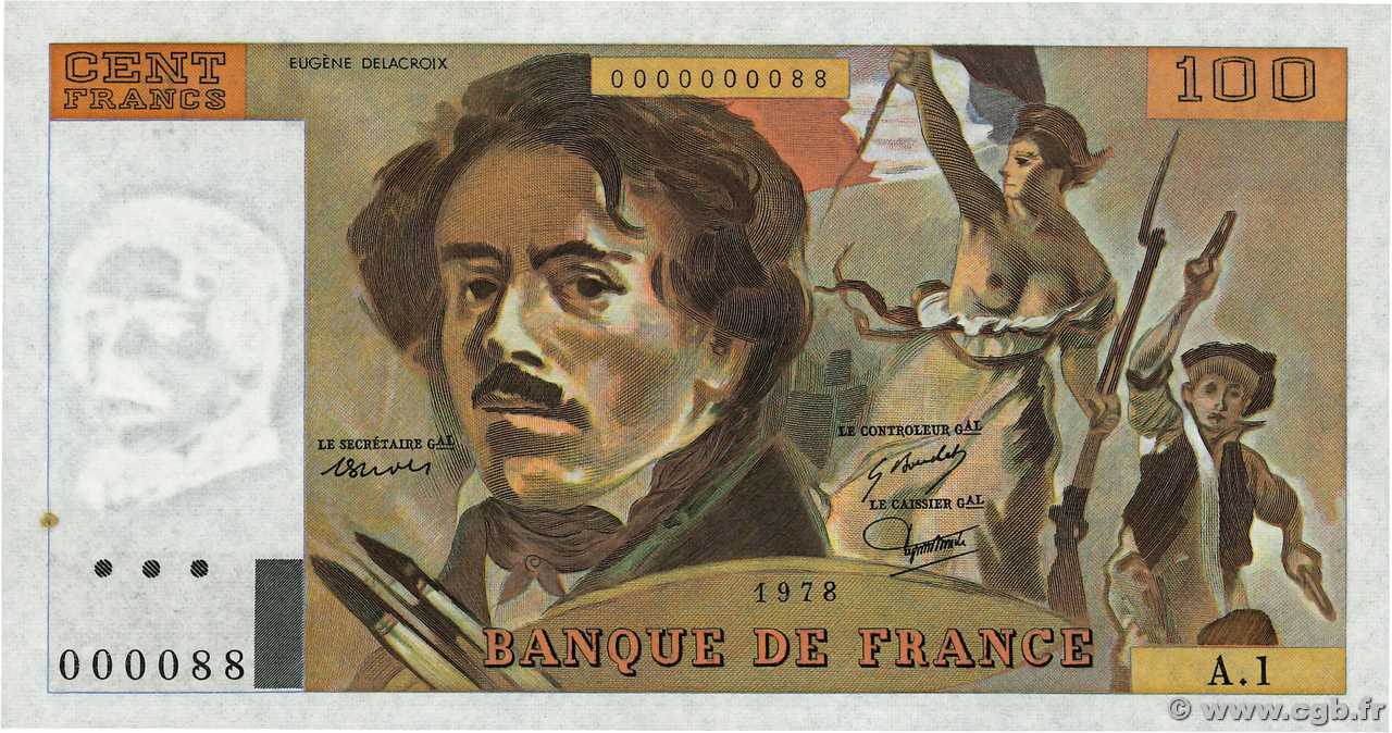 100 Francs DELACROIX Petit numéro FRANCE  1978 F.68.01A1 AU