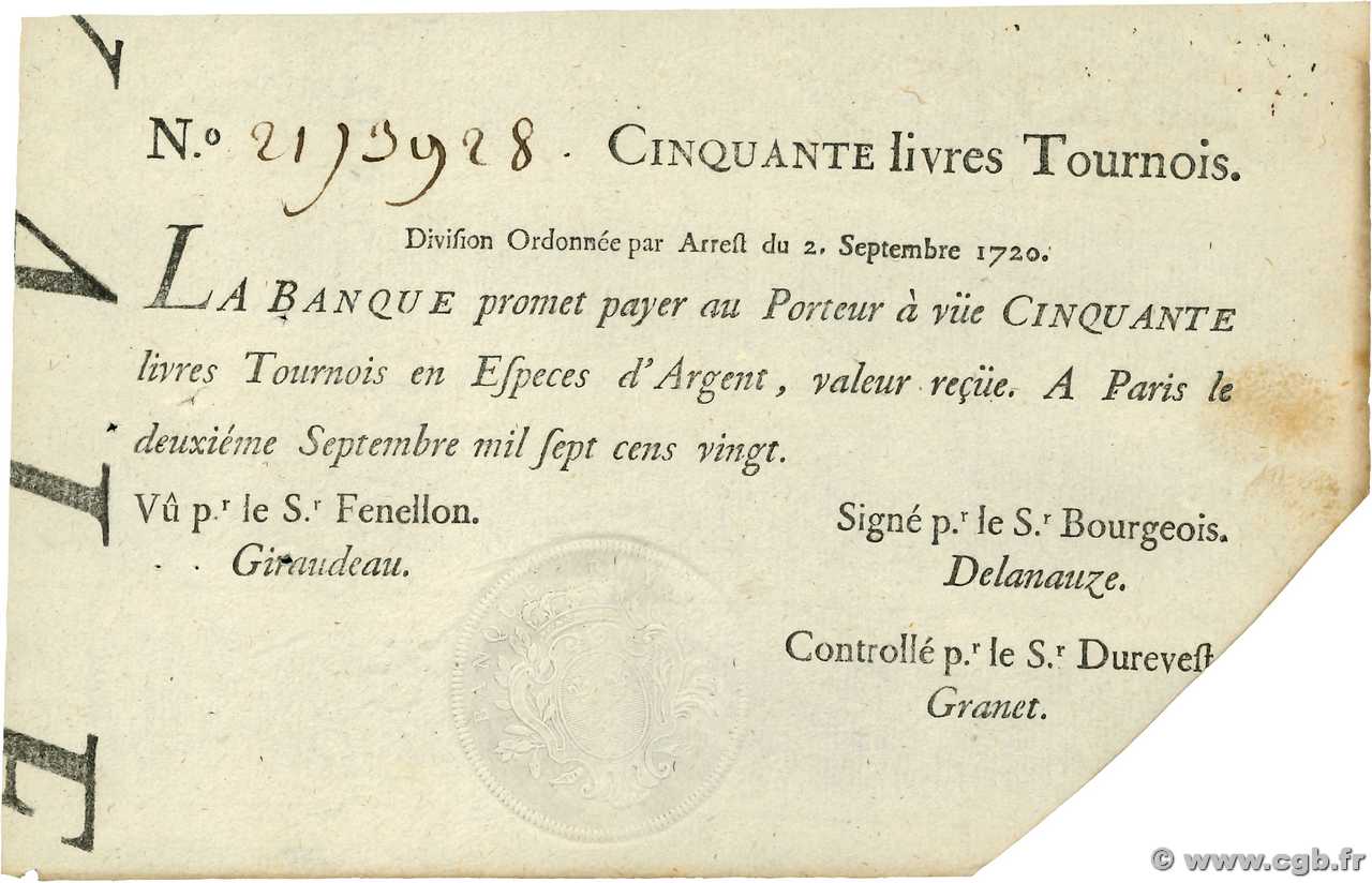 50 Livres Tournois typographié FRANCIA  1720 Dor.24 SPL+