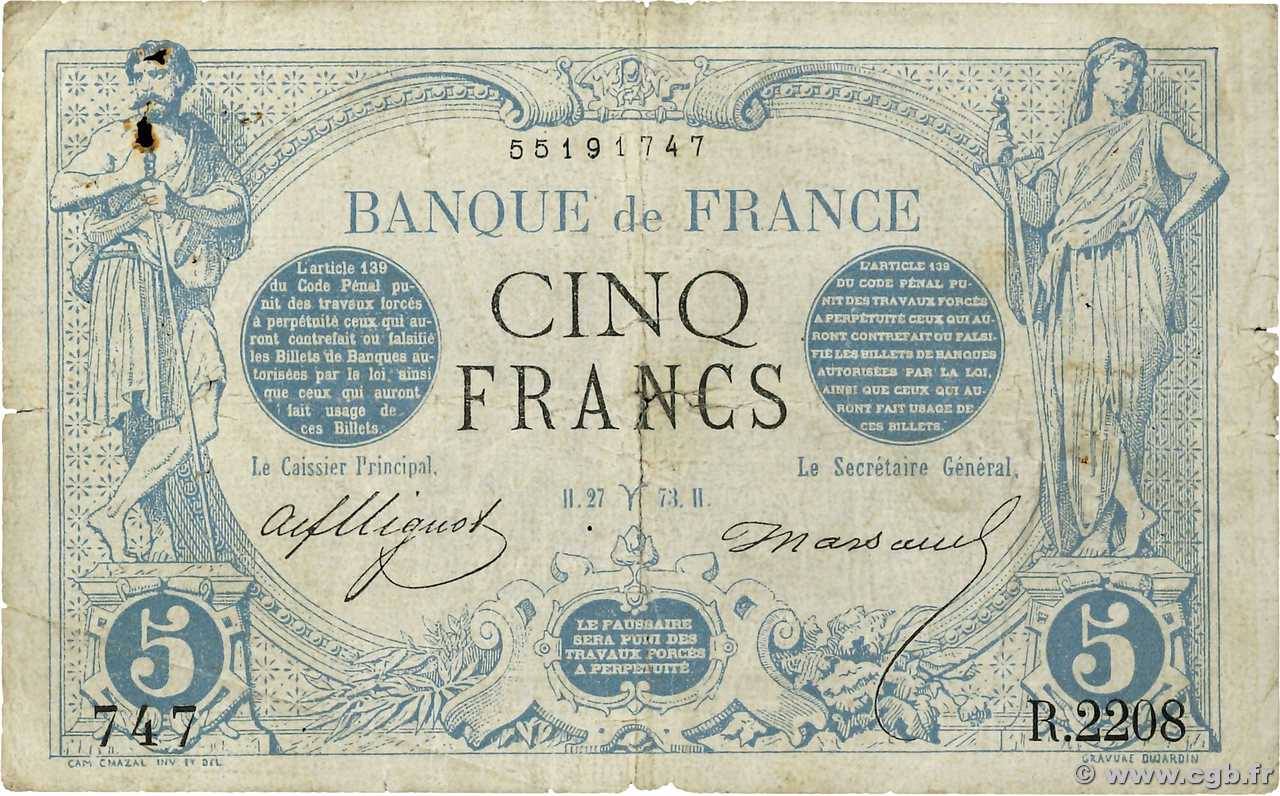 5 Francs NOIR FRANCE  1873 F.01.16 P