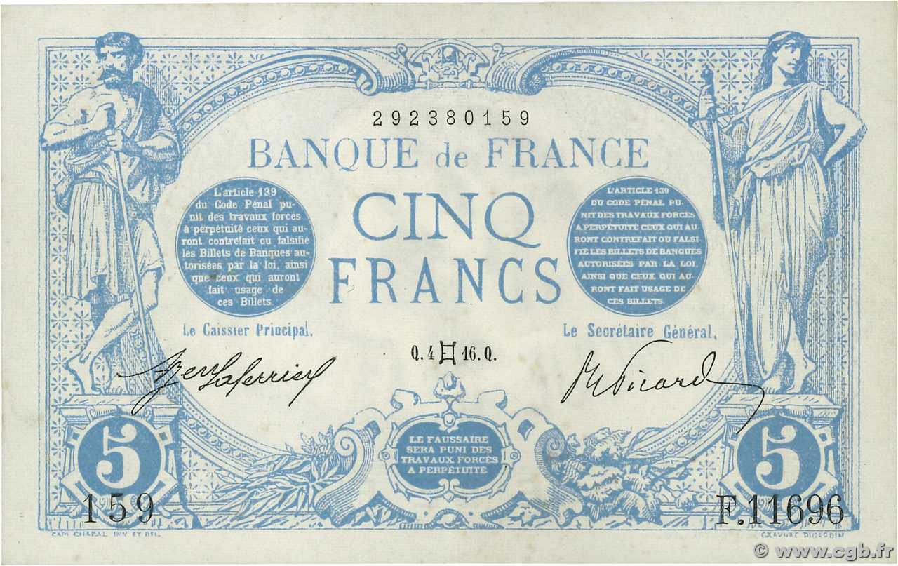 5 Francs BLEU FRANKREICH  1916 F.02.39 VZ