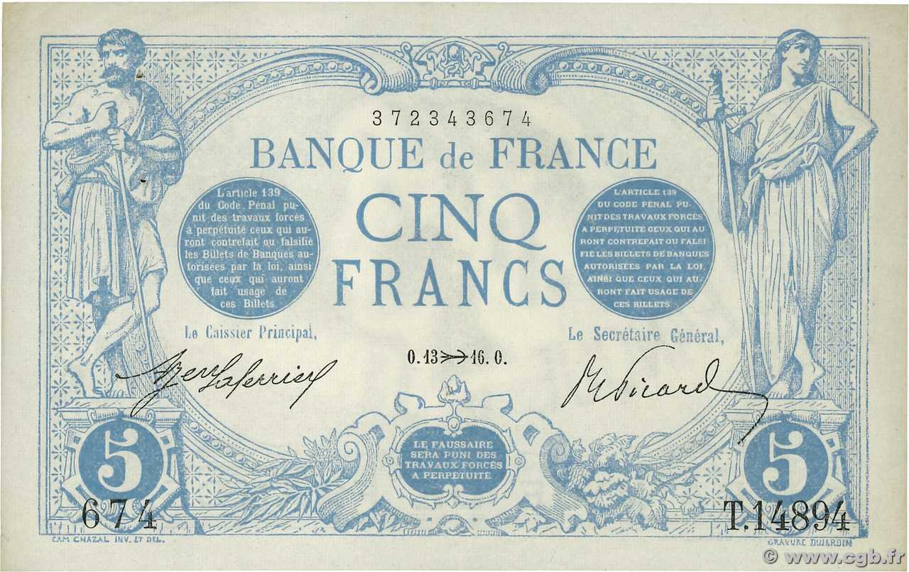 5 Francs BLEU FRANKREICH  1916 F.02.45 fVZ