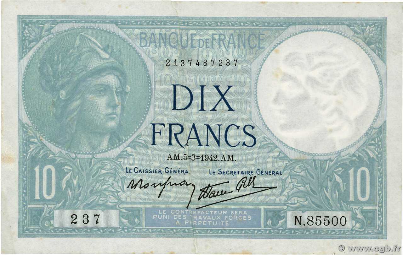10 Francs MINERVE modifié FRANCE  1942 F.07.31 VF