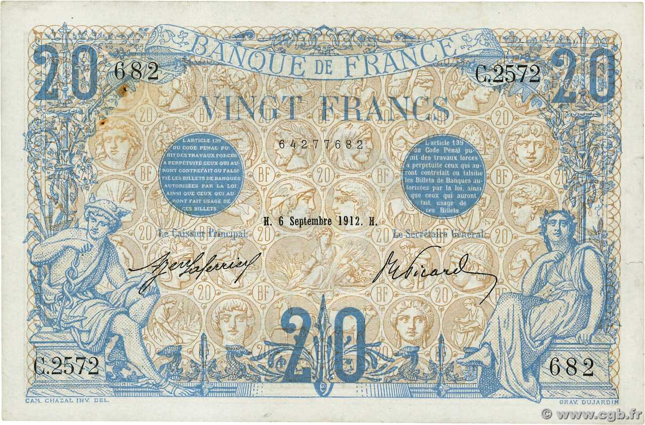 20 Francs BLEU FRANKREICH  1912 F.10.02 SS