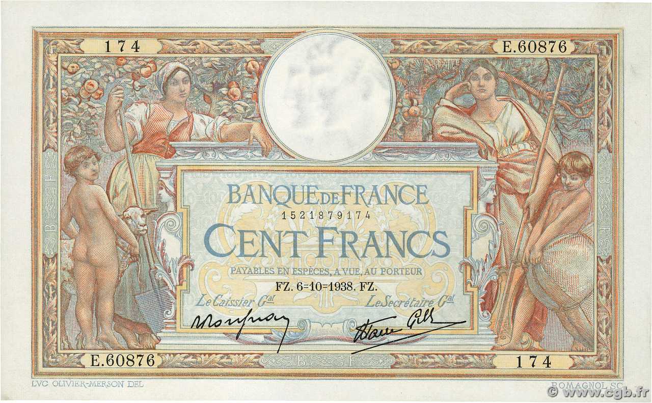 100 Francs LUC OLIVIER MERSON type modifié FRANCIA  1938 F.25.30 EBC+
