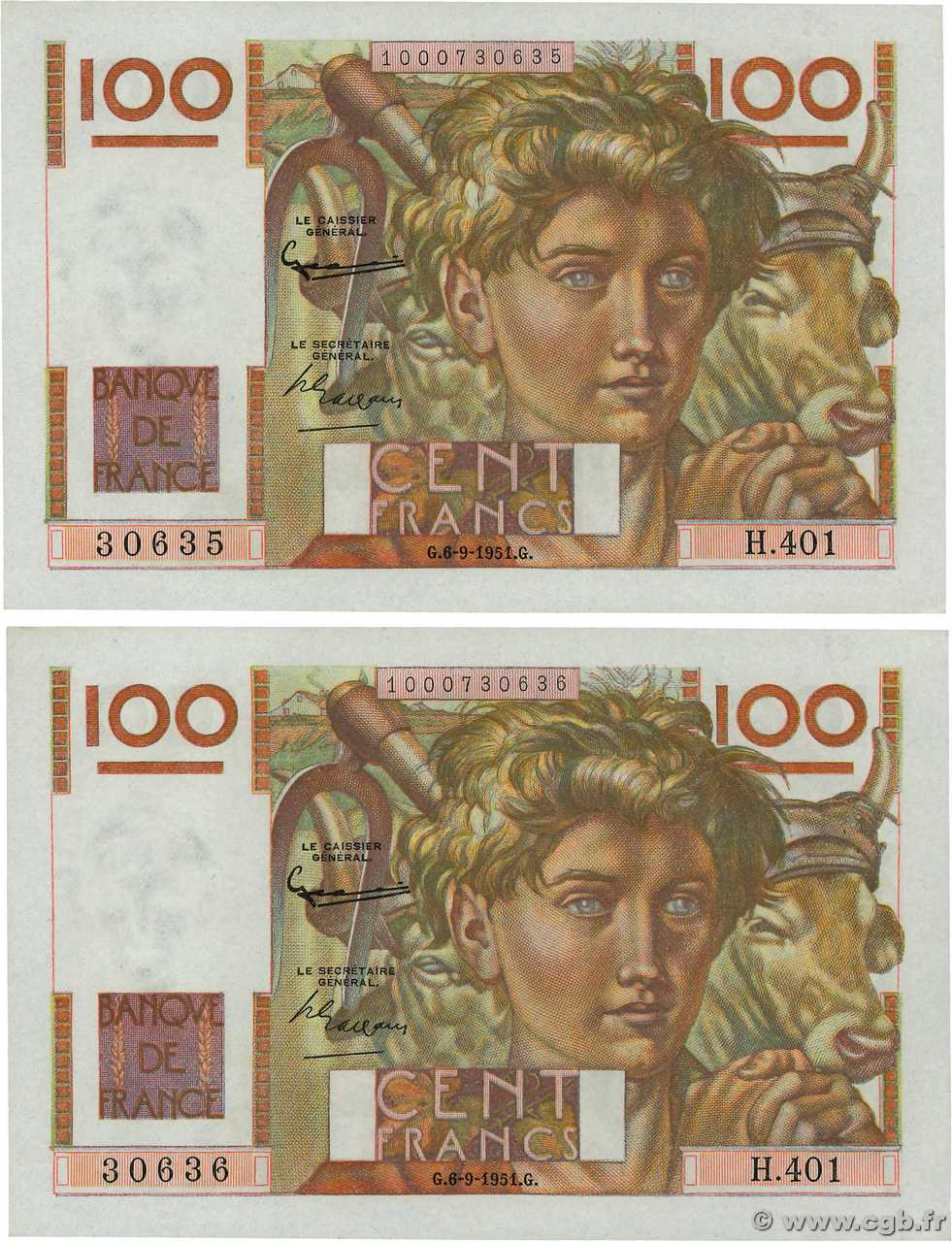 100 Francs JEUNE PAYSAN Consécutifs FRANCIA  1951 F.28.29a SC