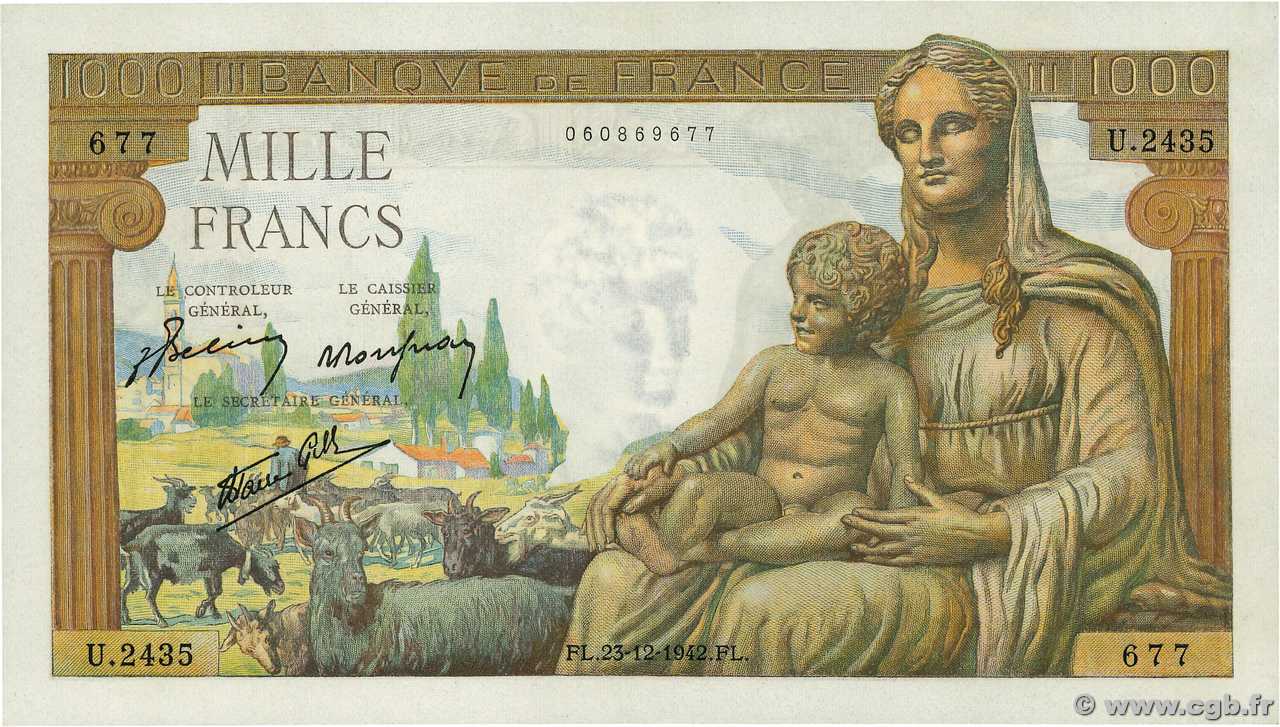 1000 Francs DÉESSE DÉMÉTER FRANCE  1942 F.40.14 UNC-