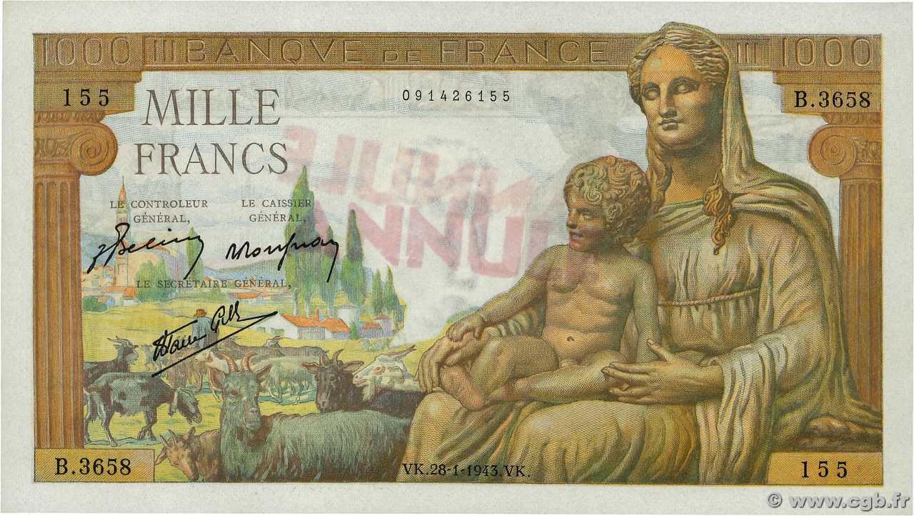 1000 Francs DÉESSE DÉMÉTER Annulé FRANCIA  1943 F.40.17 AU+