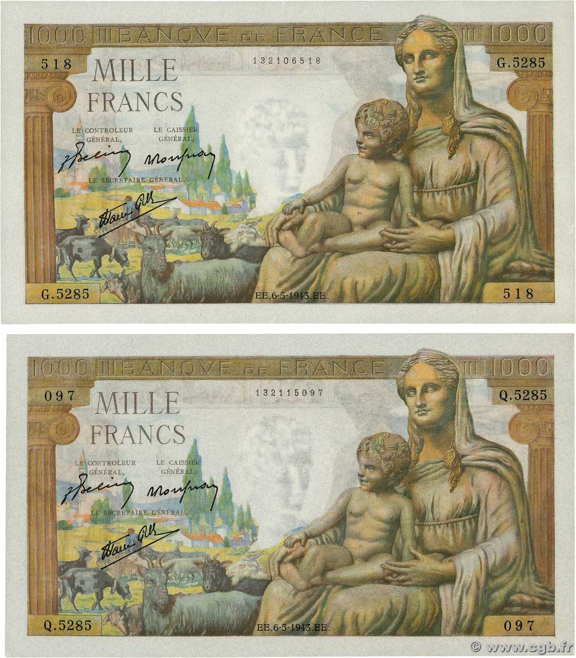 1000 Francs DÉESSE DÉMÉTER Lot FRANCE  1943 F.40.23 AU+