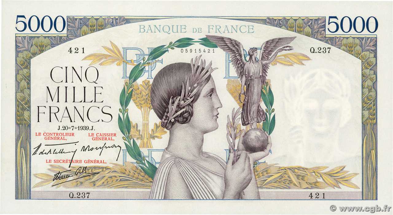 5000 Francs VICTOIRE Impression à plat FRANKREICH  1939 F.46.08 fST